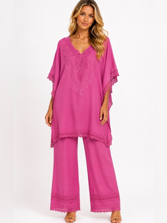 Other - Fuchsia Embroidered Tunic & Wide Leg Pant Set